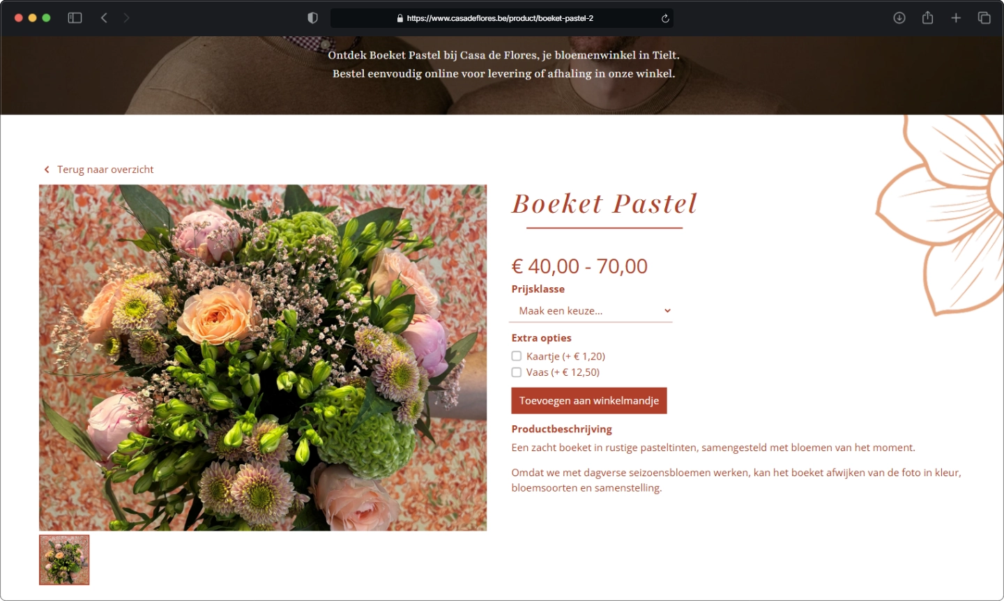 Productpagina met kaartje en vaas