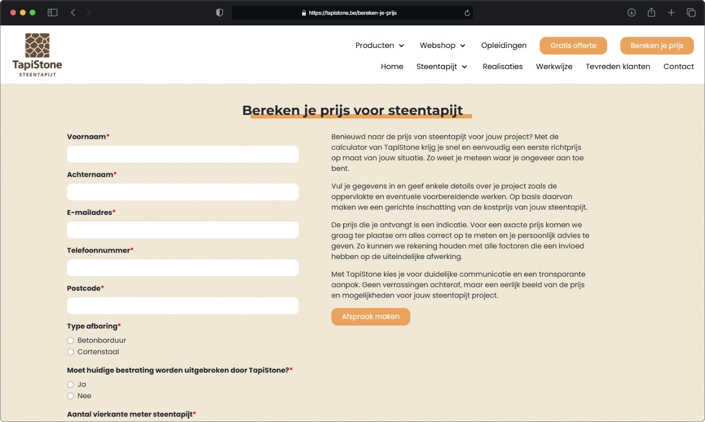 Prijsopgave via de calculator van Tapistone